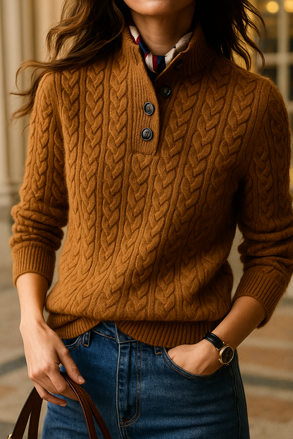 Kizzy | Cashmere-Feel Cable Knit Jumper with Button Neck