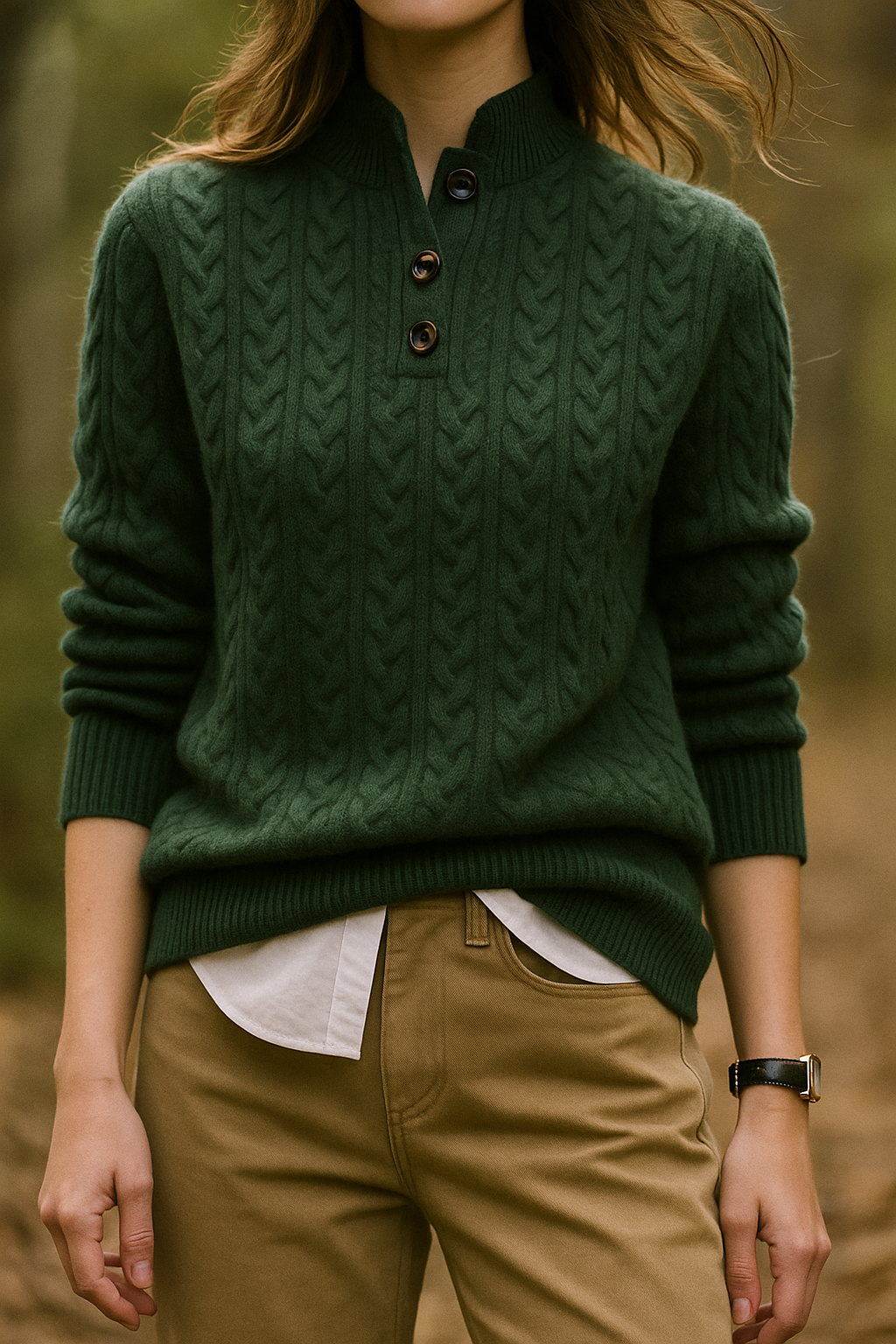 Kizzy | Cashmere-Feel Cable Knit Jumper with Button Neck