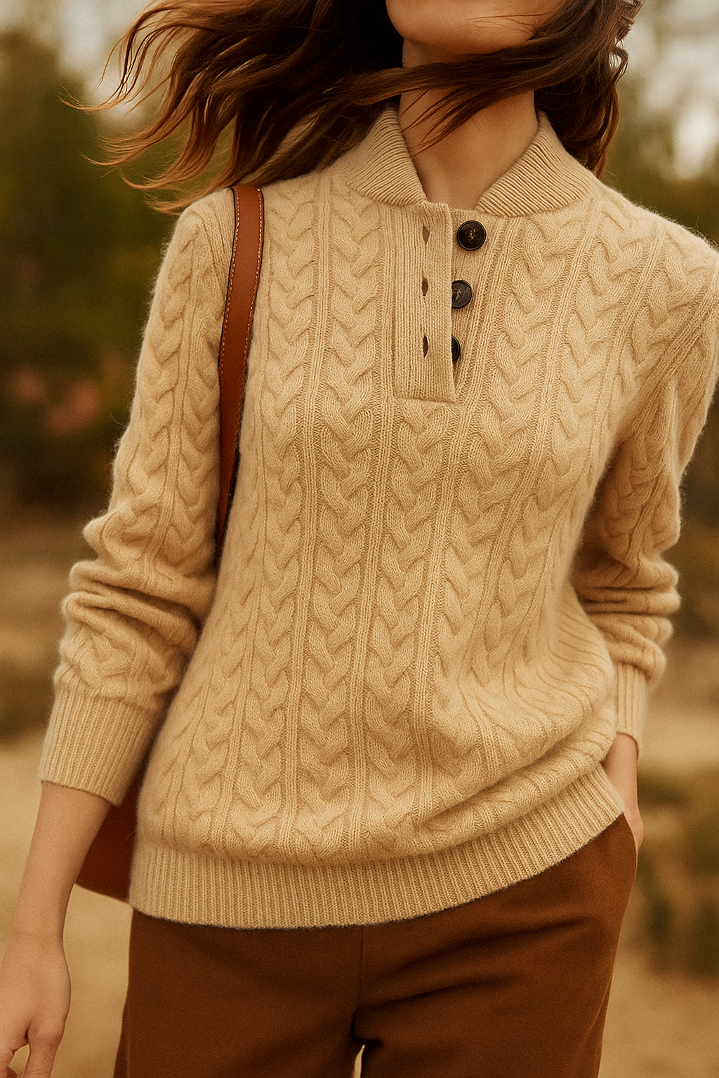 Kizzy | Cashmere-Feel Cable Knit Jumper with Button Neck