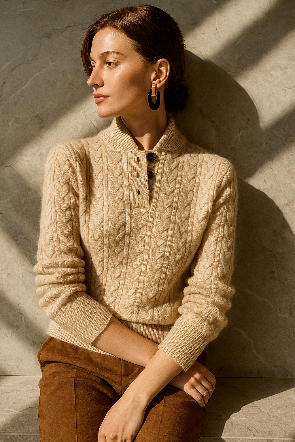 Kizzy | Cashmere-Feel Cable Knit Jumper with Button Neck