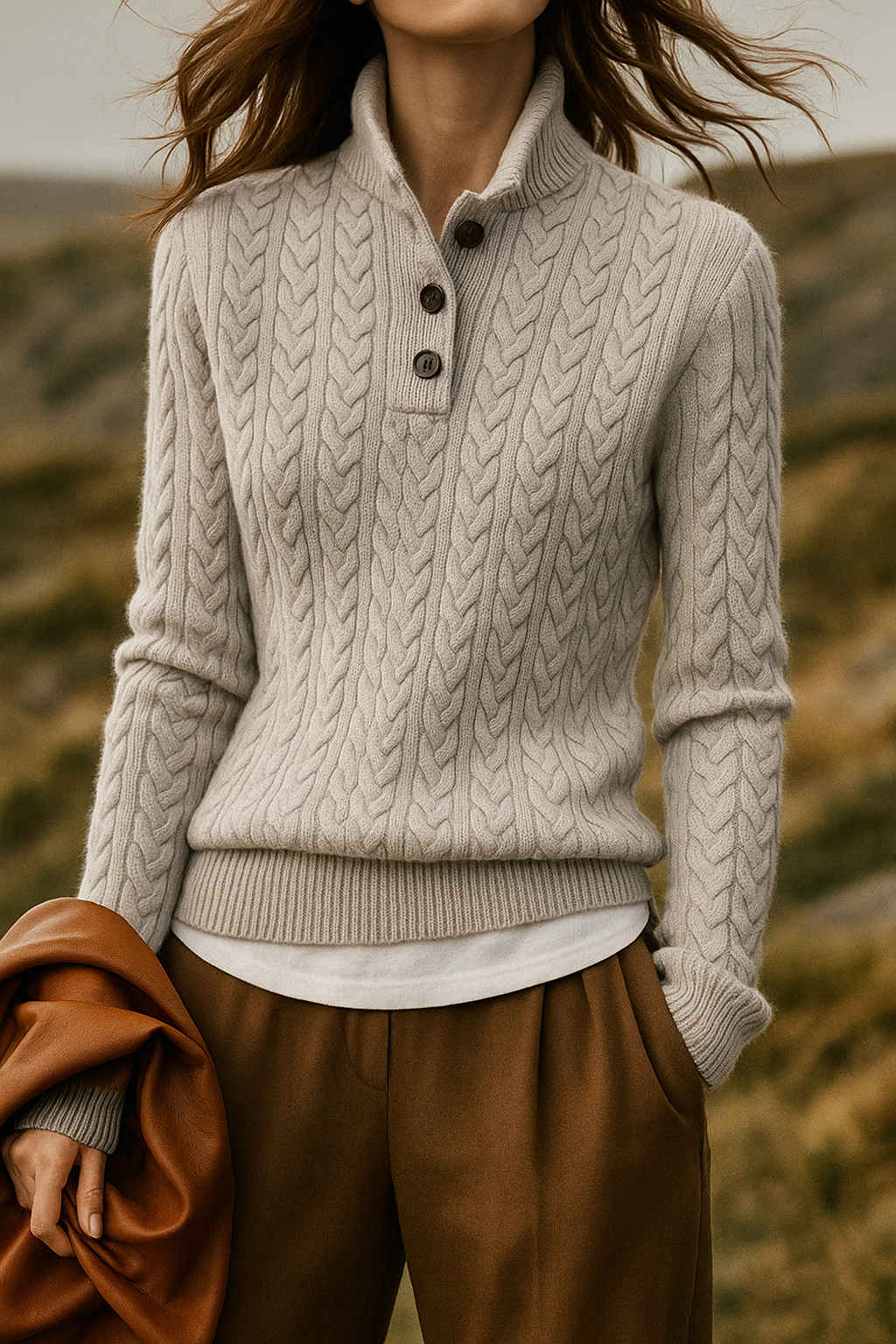 Kizzy | Cashmere-Feel Cable Knit Jumper with Button Neck