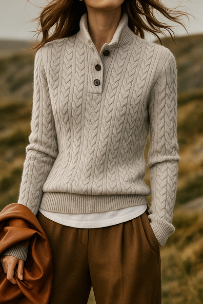 Kizzy | Cashmere-Feel Cable Knit Jumper with Button Neck