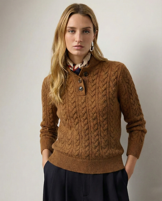 Kizzy | Cashmere-Feel Cable Knit Jumper with Button Neck