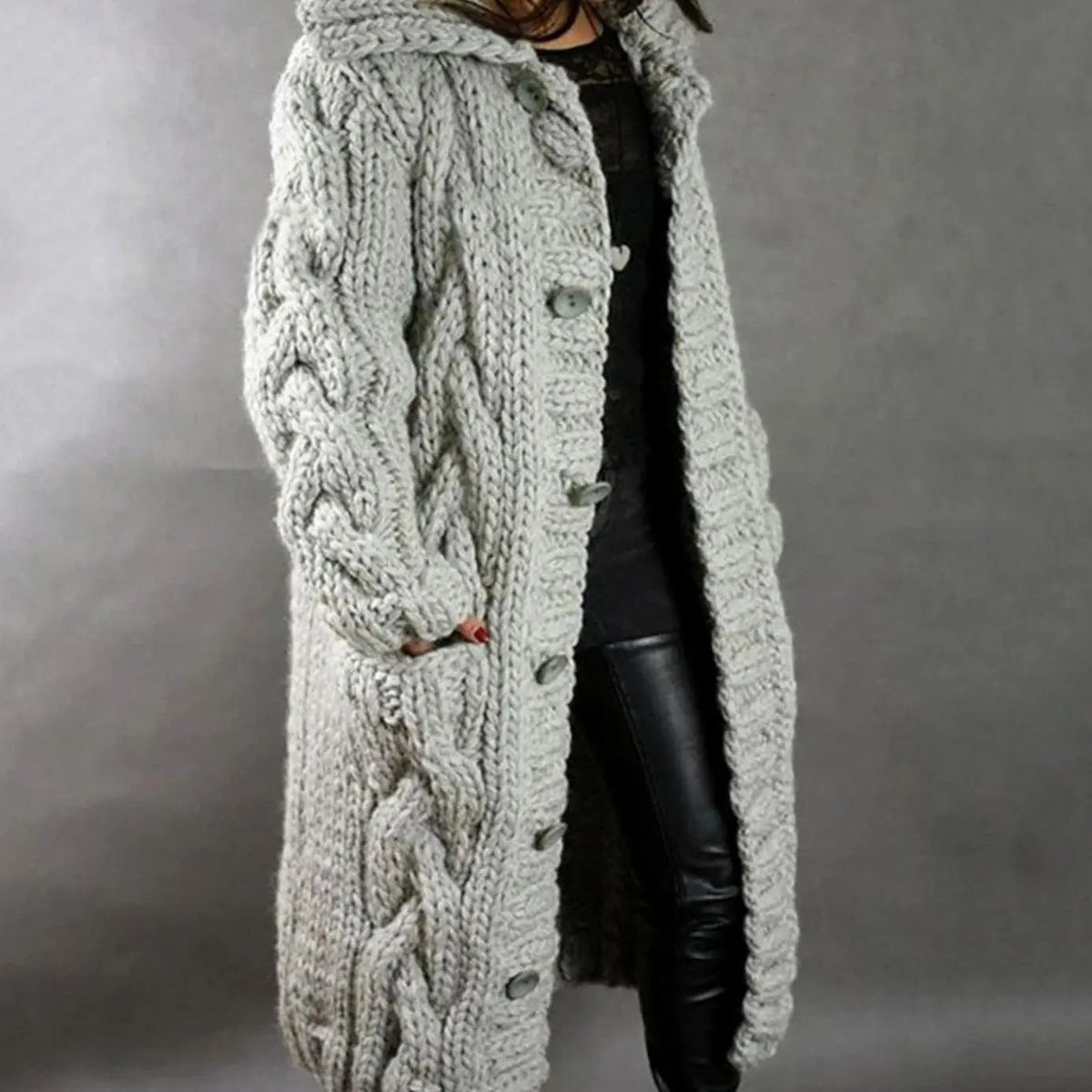 Eimear | Oversized Chunky Cable Knit Hooded Cardigan with Pockets