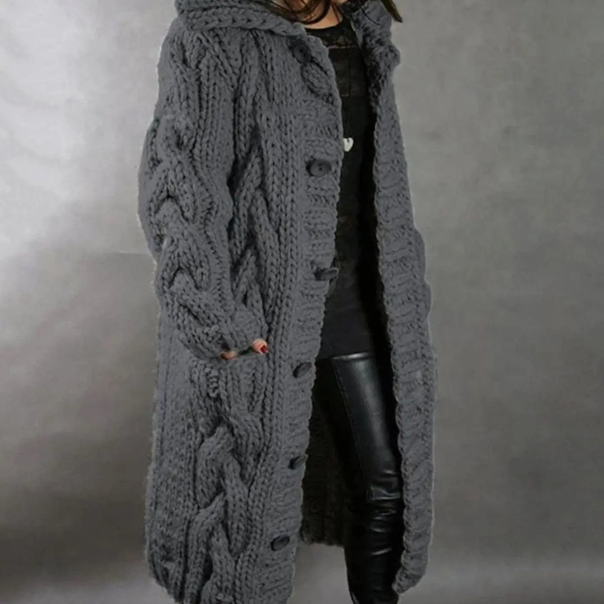 Eimear | Oversized Chunky Cable Knit Hooded Cardigan with Pockets