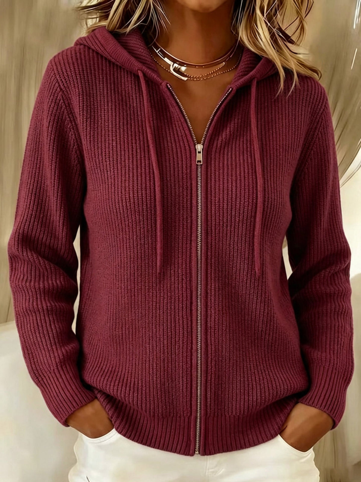 Aisling | Ribbed Knit Zip-Up Hooded Cardigan