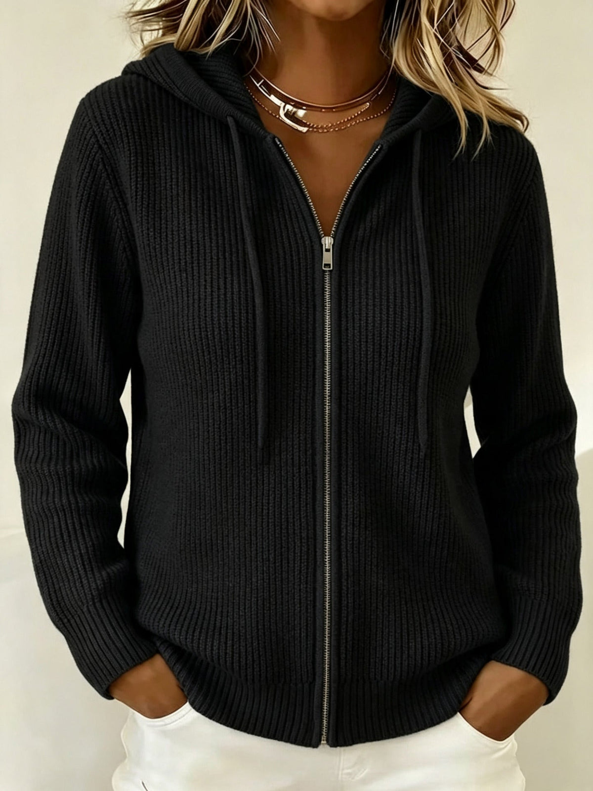 Aisling | Ribbed Knit Zip-Up Hooded Cardigan