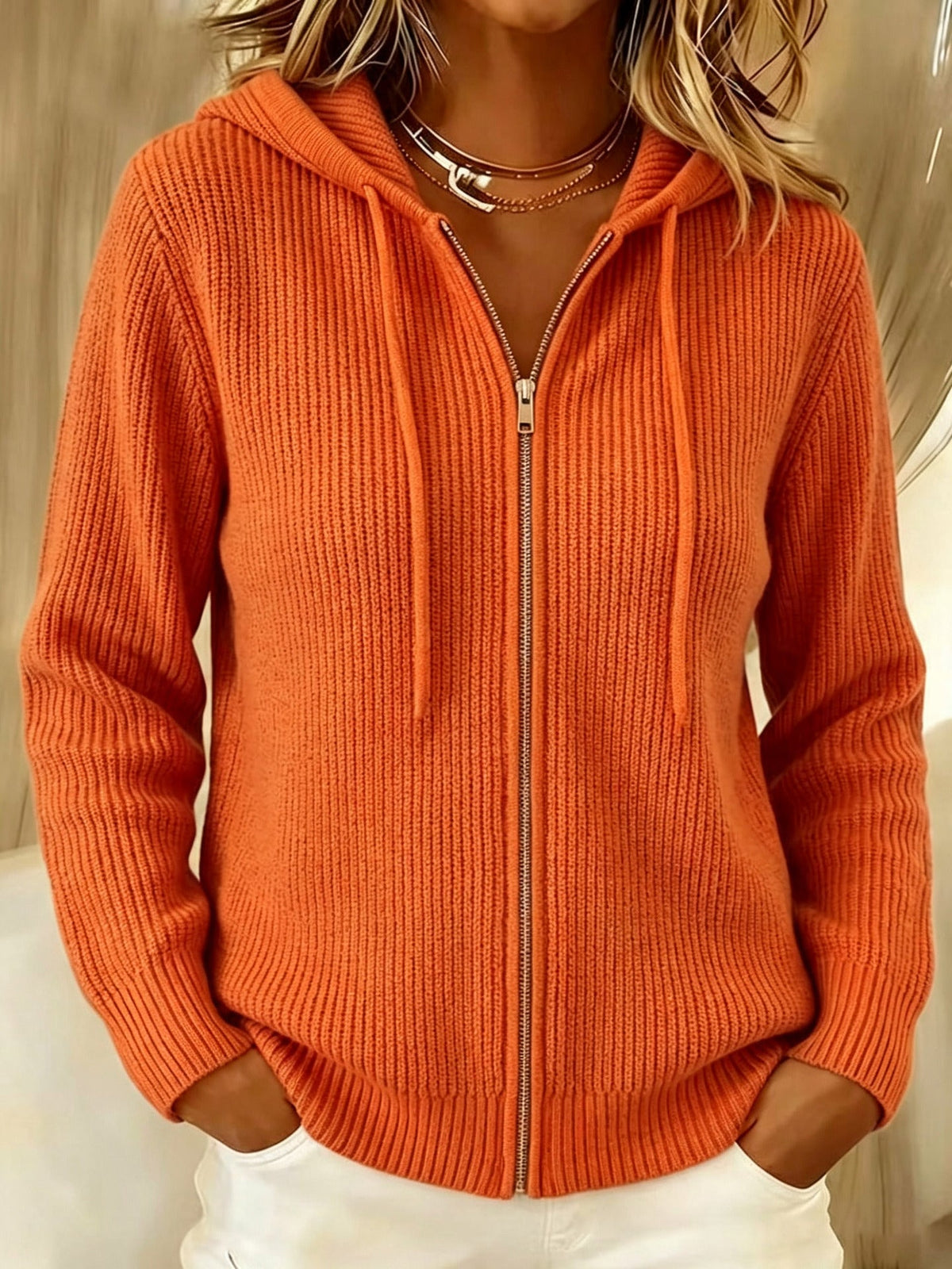 Aisling | Ribbed Knit Zip-Up Hooded Cardigan