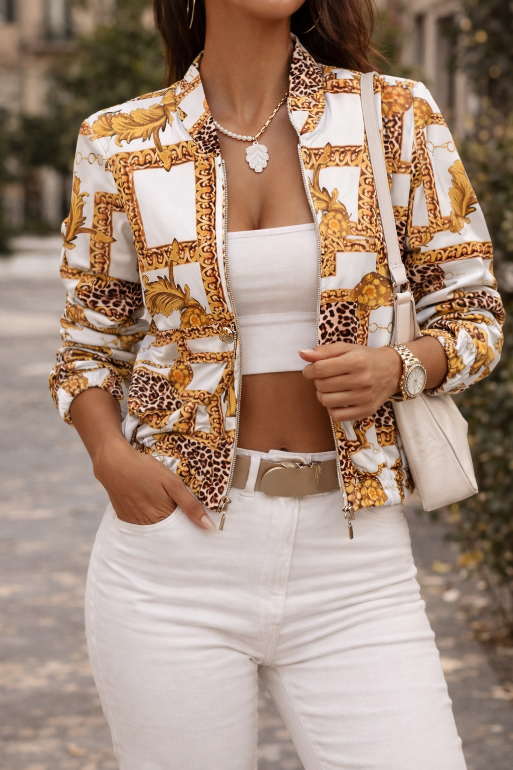 Yasmin | Cropped Bomber Jacket with Stand Collar and Elasticated Cuffs