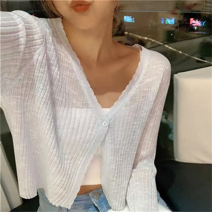 Yolande | Cropped Ribbed Cardigan with Lettuce Edge Trim