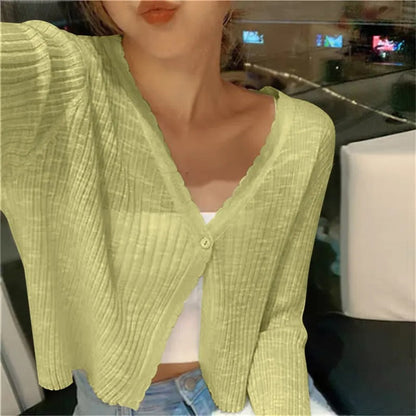 Yolande | Cropped Ribbed Cardigan with Lettuce Edge Trim
