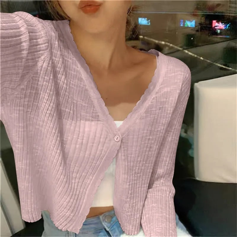 Yolande | Cropped Ribbed Cardigan with Lettuce Edge Trim
