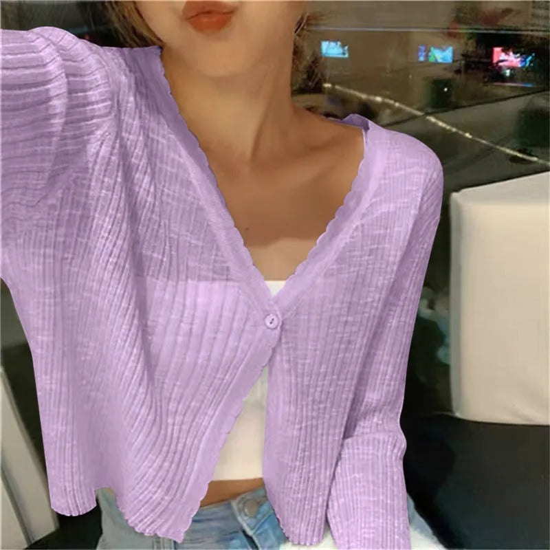 Yolande | Cropped Ribbed Cardigan with Lettuce Edge Trim