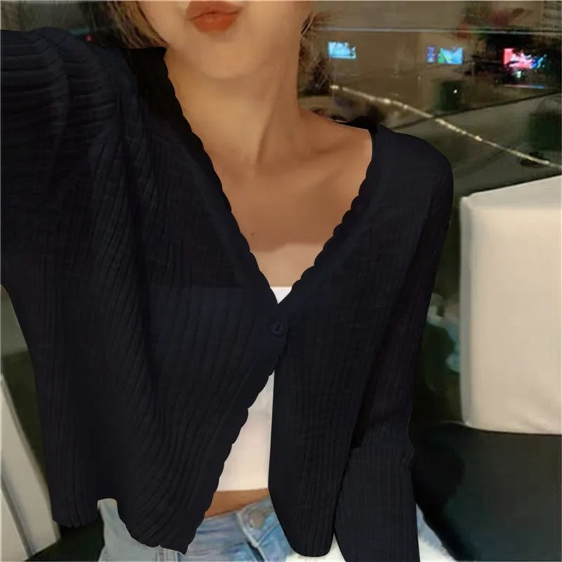Yolande | Cropped Ribbed Cardigan with Lettuce Edge Trim