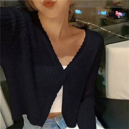 Yolande | Cropped Ribbed Cardigan with Lettuce Edge Trim