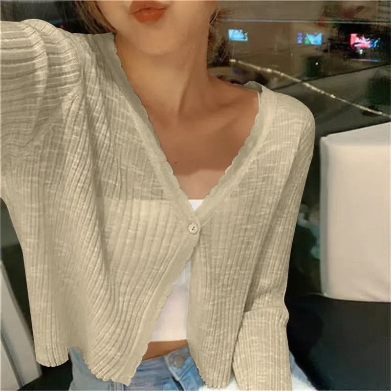 Yolande | Cropped Ribbed Cardigan with Lettuce Edge Trim