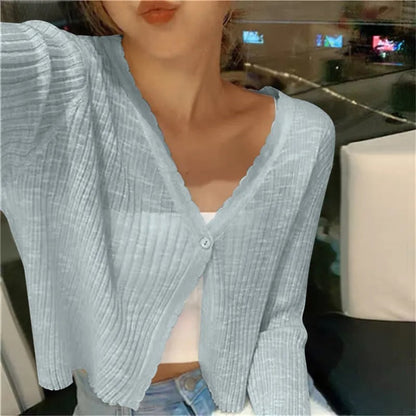 Yolande | Cropped Ribbed Cardigan with Lettuce Edge Trim