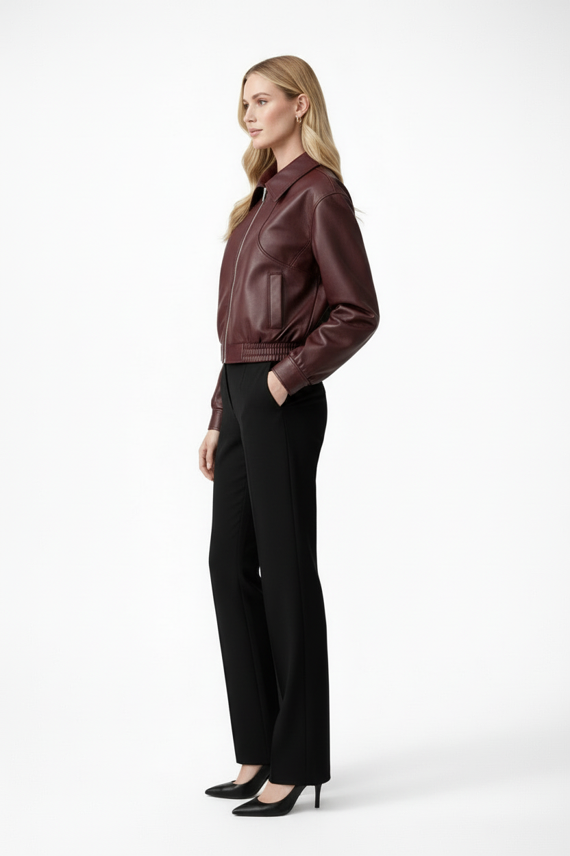 Leather Bomber Jacket for Women | Cropped Elasticated-Hem