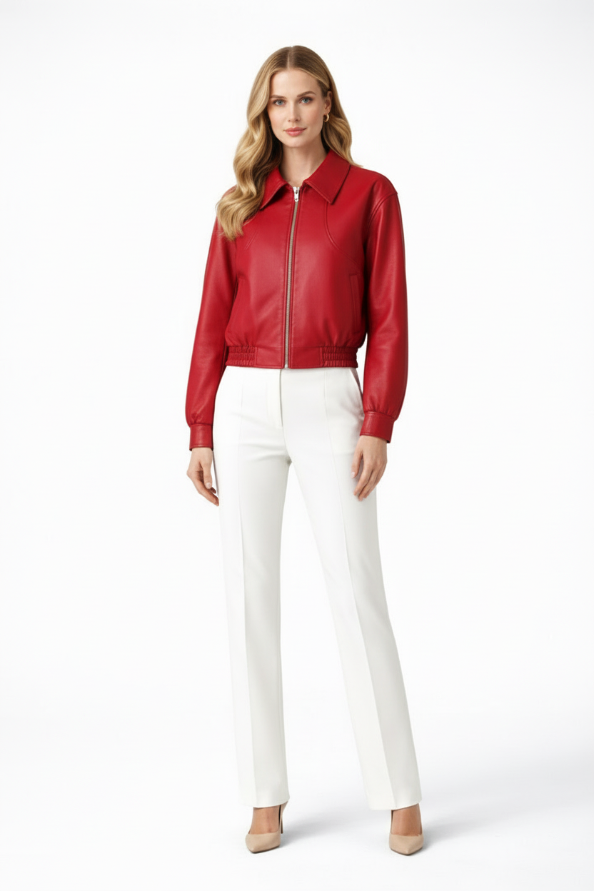 Leather Bomber Jacket for Women | Cropped Elasticated-Hem