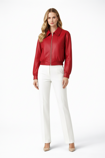 Leather Bomber Jacket for Women | Cropped Elasticated-Hem