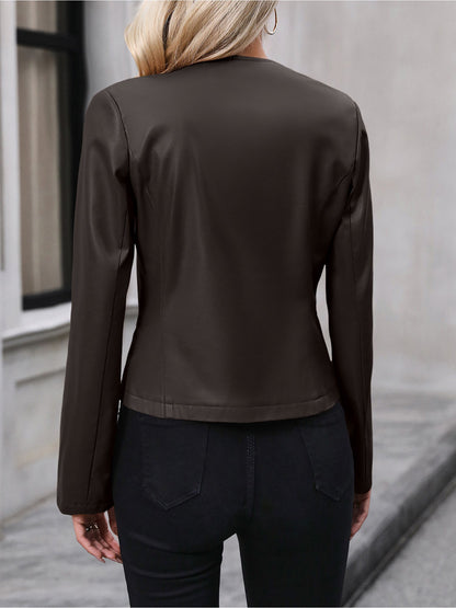 Leather Jacket for Women | Cropped Round-Neck Silver-Zip