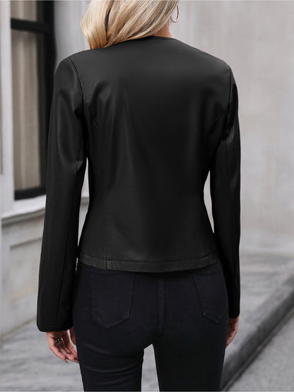 Leather Jacket for Women | Cropped Round-Neck Silver-Zip