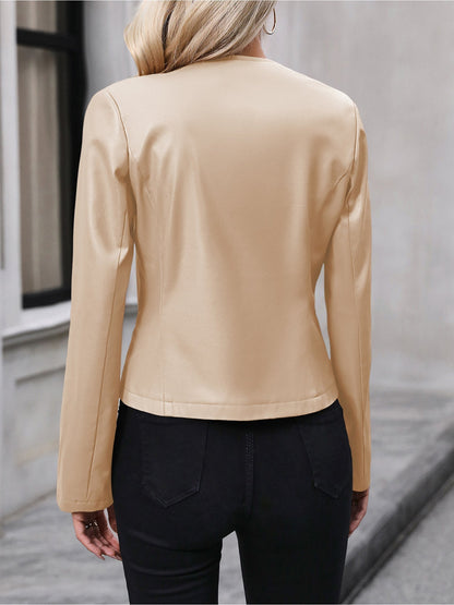 Leather Jacket for Women | Cropped Round-Neck Silver-Zip