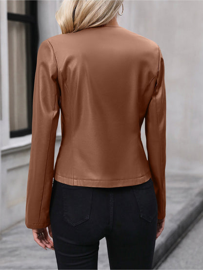 Leather Jacket for Women | Cropped Round-Neck Silver-Zip