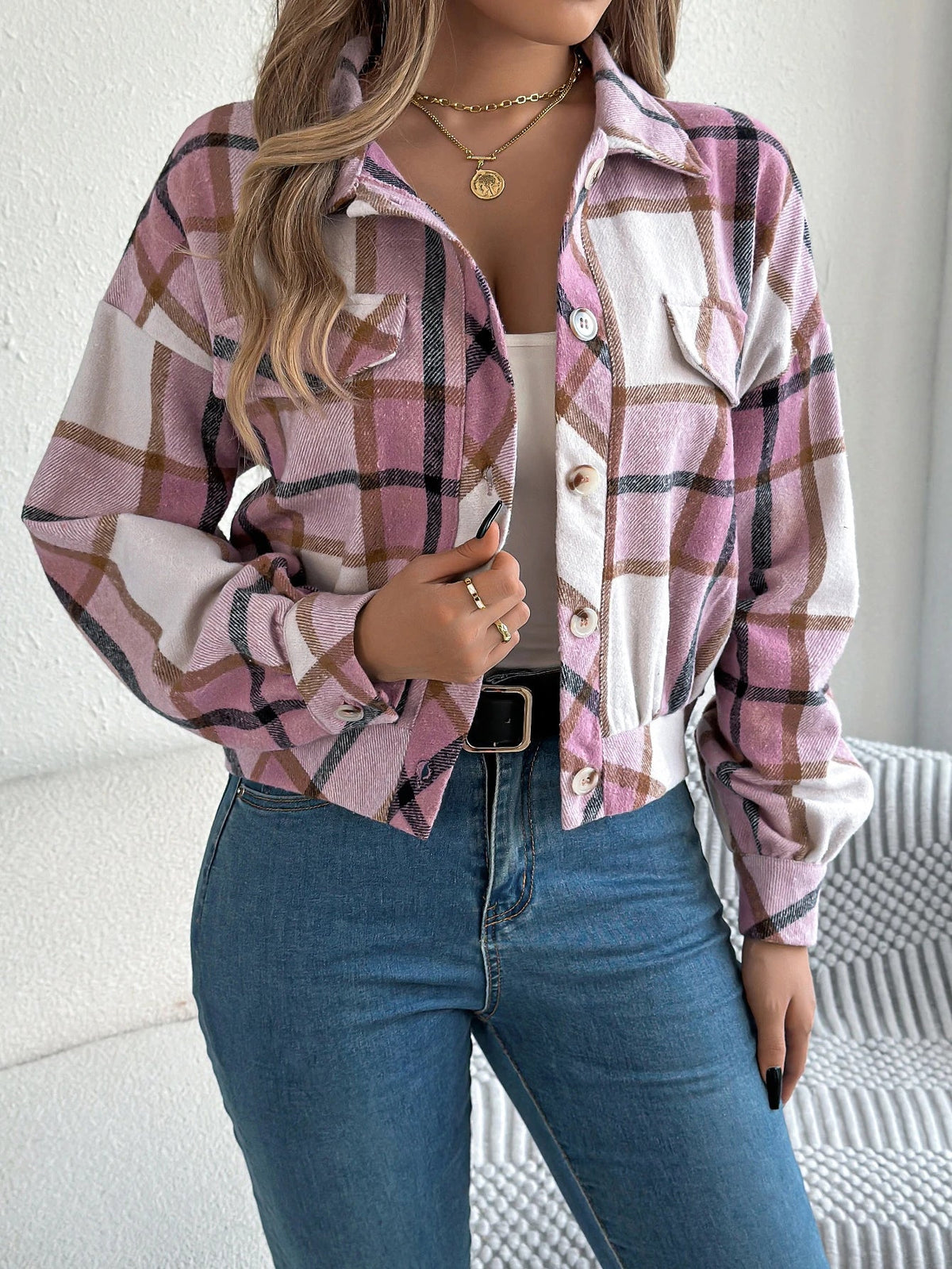 Zoe | Cropped Plaid Shacket with Button Front and Chest Pockets