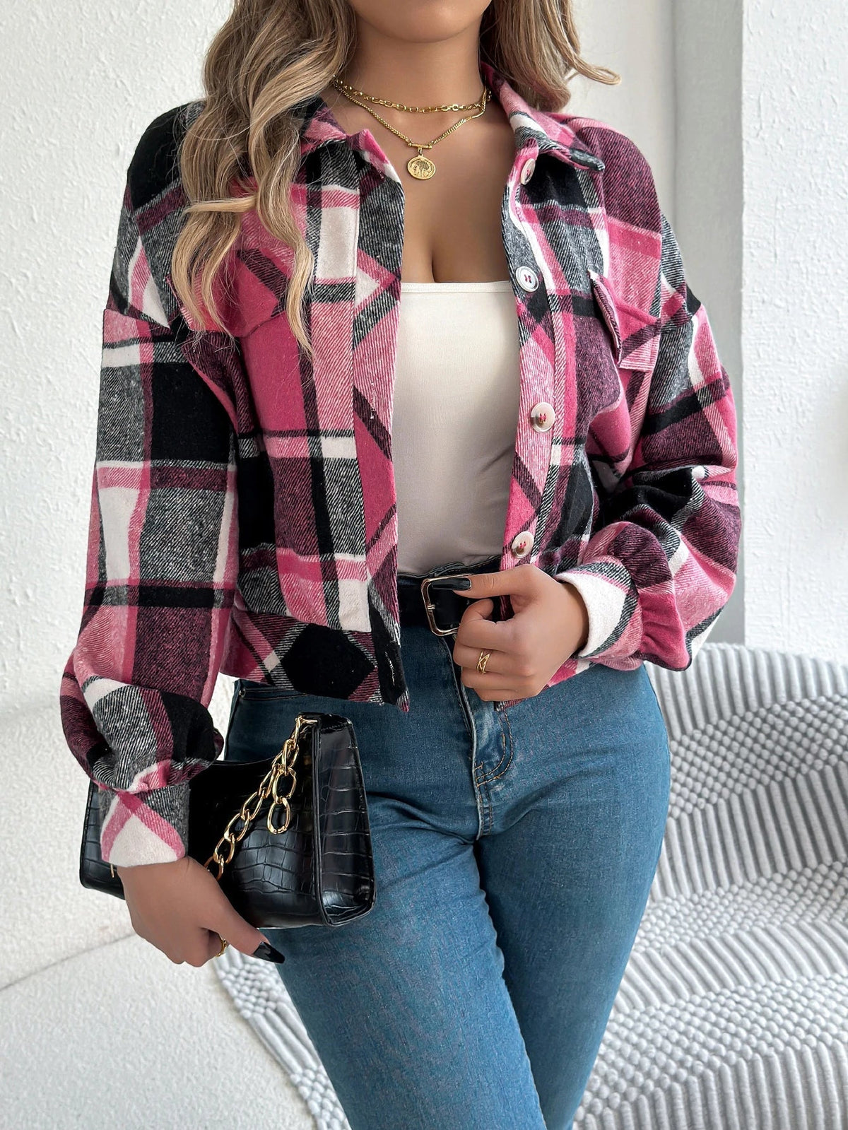 Zoe | Cropped Plaid Shacket with Button Front and Chest Pockets