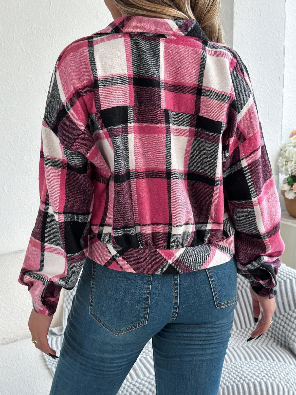 Zoe | Cropped Plaid Shacket with Button Front and Chest Pockets