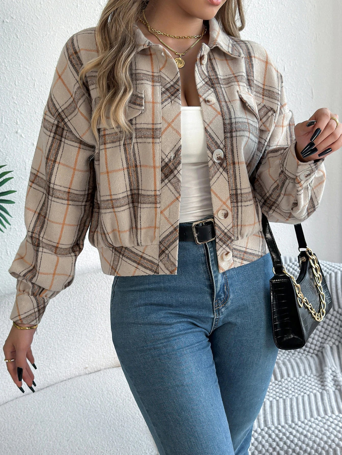Zoe | Cropped Plaid Shacket with Button Front and Chest Pockets