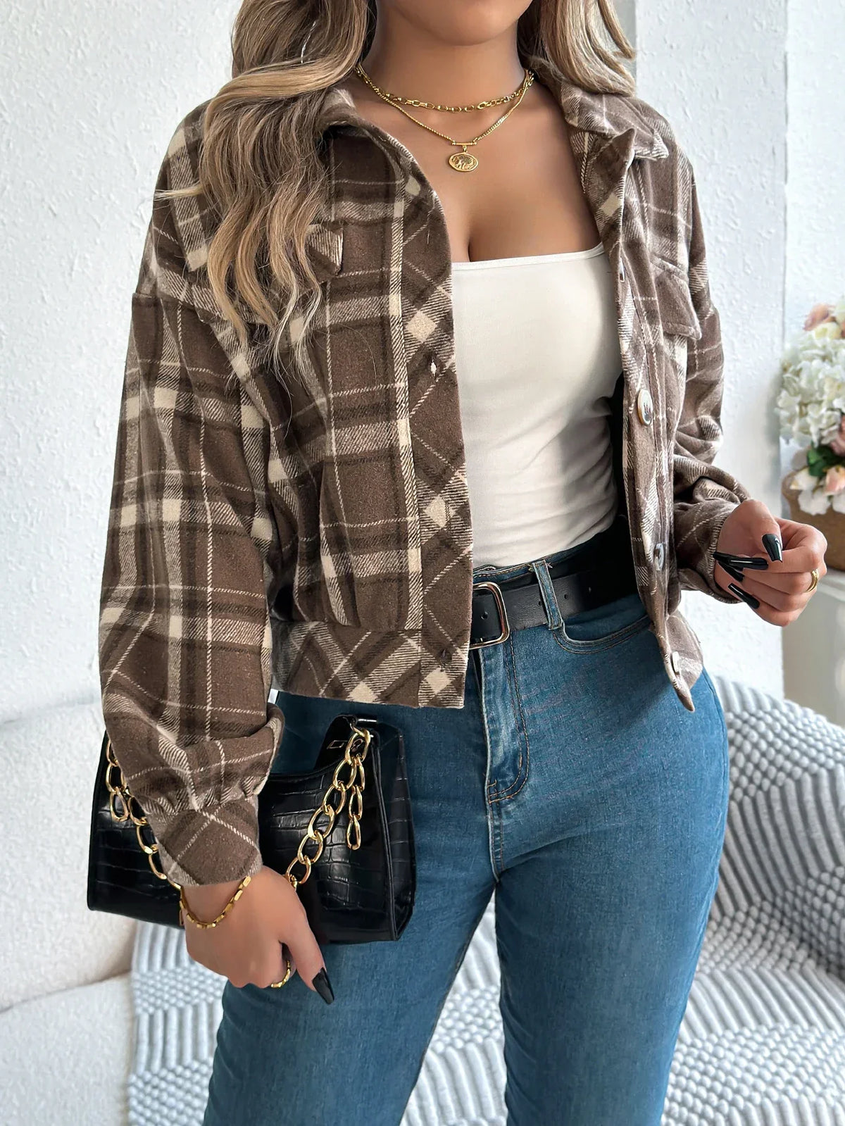 Zoe | Cropped Plaid Shacket with Button Front and Chest Pockets