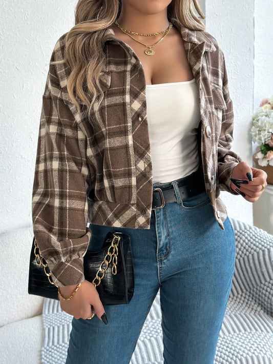 Zoe | Cropped Plaid Shacket with Button Front and Chest Pockets