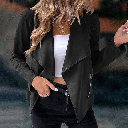 Hollie | Cropped Suede Open Front Jacket with Zip Pockets
