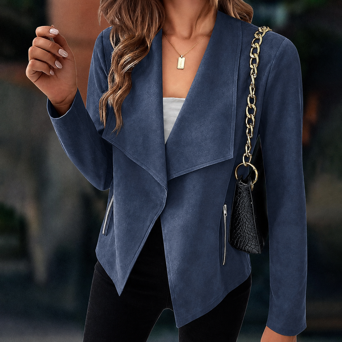 Hollie | Cropped Suede Open Front Jacket with Zip Pockets