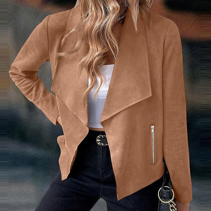 Hollie | Cropped Suede Open Front Jacket with Zip Pockets