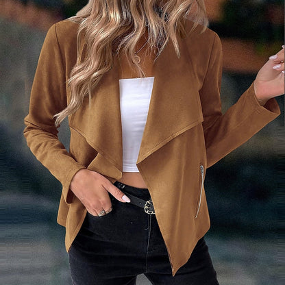 Hollie | Cropped Suede Open Front Jacket with Zip Pockets