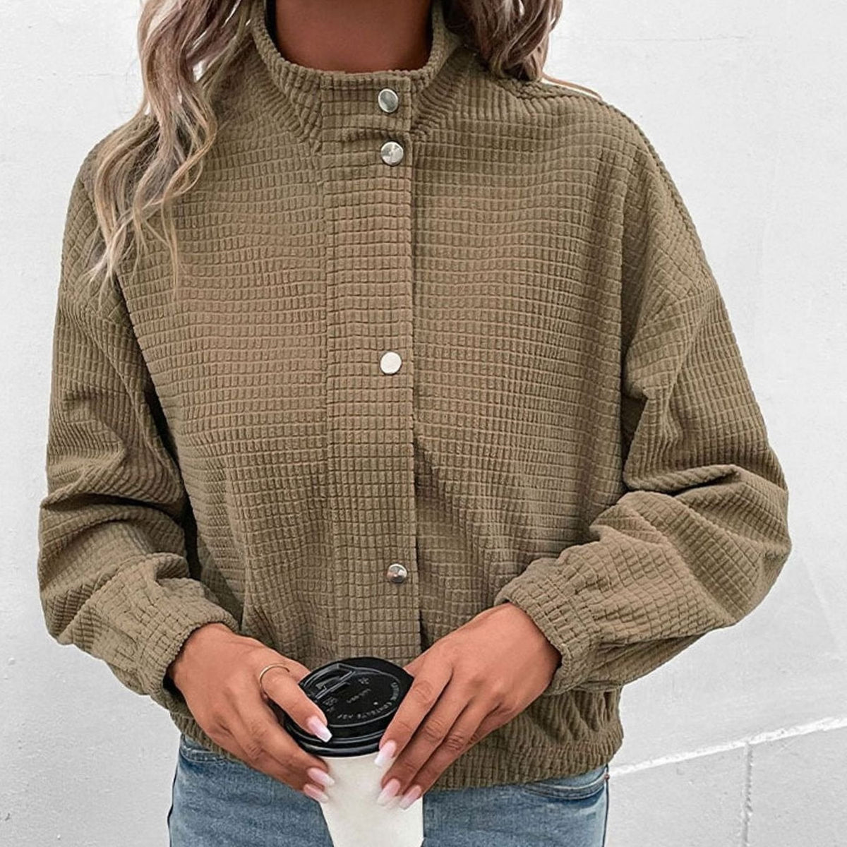 Caitlin | Cropped Waffle Knit Jacket with Stand Collar and Snap Buttons
