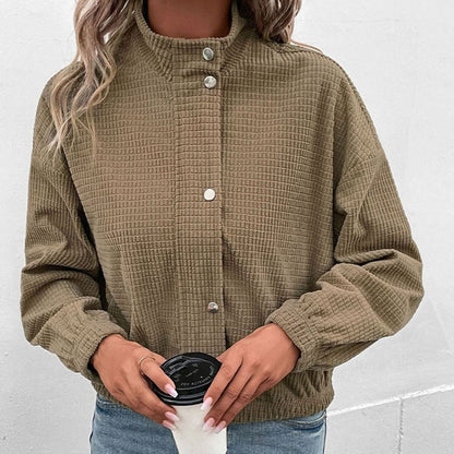 Caitlin | Cropped Waffle Knit Jacket with Stand Collar and Snap Buttons
