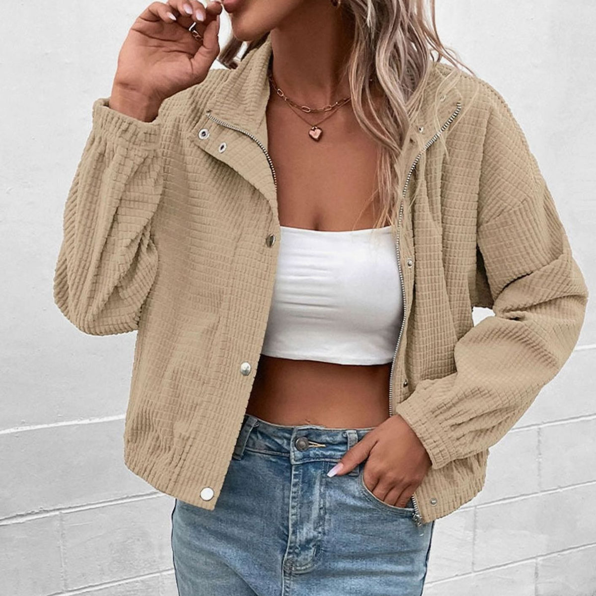 Caitlin | Cropped Waffle Knit Jacket with Stand Collar and Snap Buttons