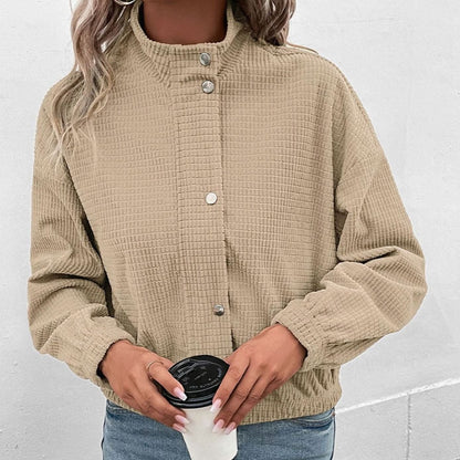 Caitlin | Cropped Waffle Knit Jacket with Stand Collar and Snap Buttons