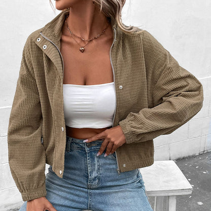 Gemma | Cropped Waffle Texture Jacket with Stand Collar and Snap Buttons