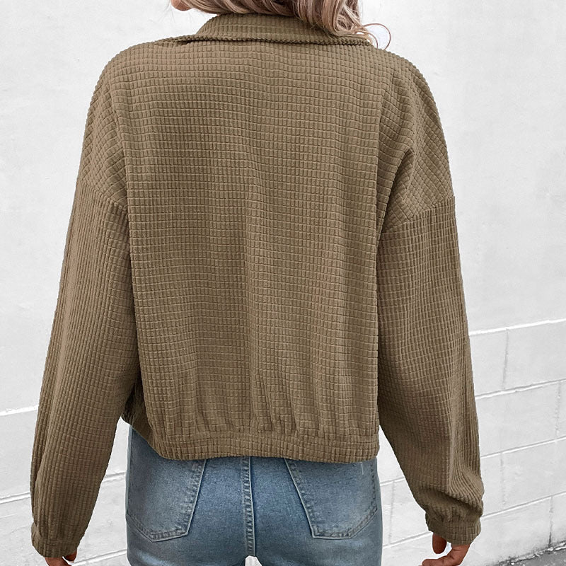 Gemma | Cropped Waffle Texture Jacket with Stand Collar and Snap Buttons