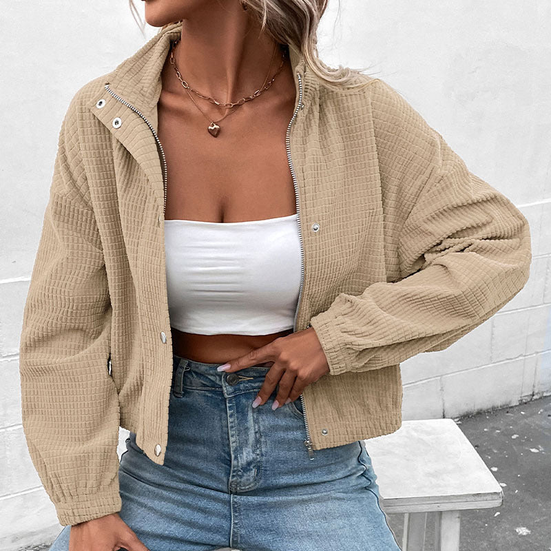 Gemma | Cropped Waffle Texture Jacket with Stand Collar and Snap Buttons