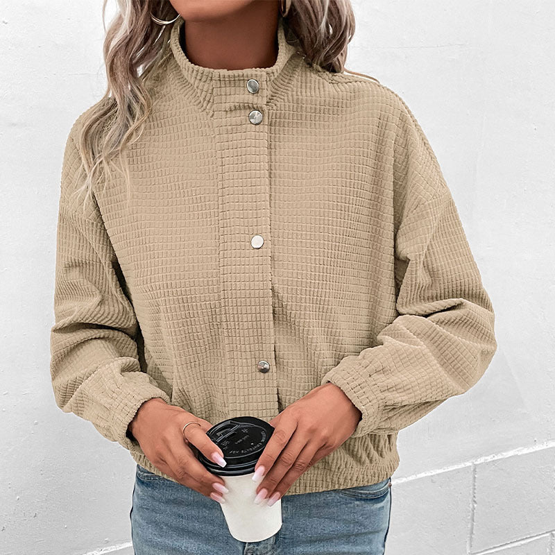 Gemma | Cropped Waffle Texture Jacket with Stand Collar and Snap Buttons