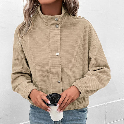 Gemma | Cropped Waffle Texture Jacket with Stand Collar and Snap Buttons
