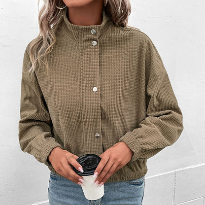 Gemma | Cropped Waffle Texture Jacket with Stand Collar and Snap Buttons