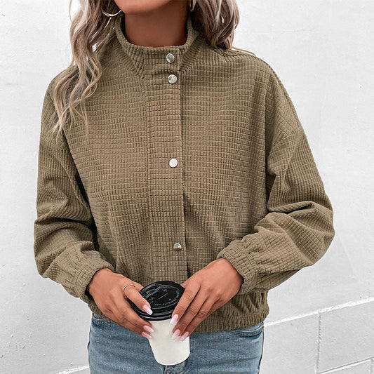 Gemma | Cropped Waffle Texture Jacket with Stand Collar and Snap Buttons