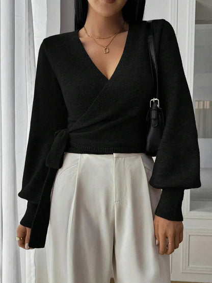 Nola | Cropped Wrap Knit Jumper with Tie Waist